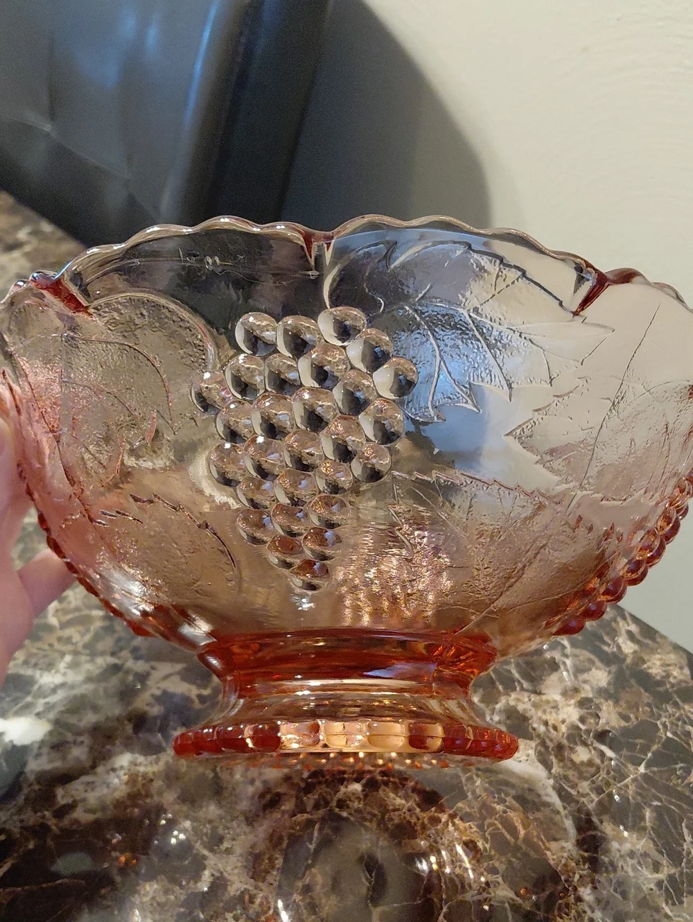 Vintage Blush Pink Heavy Depression Glass Grapes & Leaves Pattern Serving Bowl